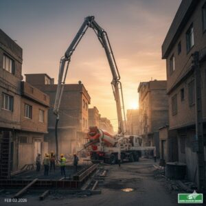 تصویری از یک پمپ دکل در حال بتنریزی در یک کوچه نسبتاً باریک که جکهای آن باز شده است.